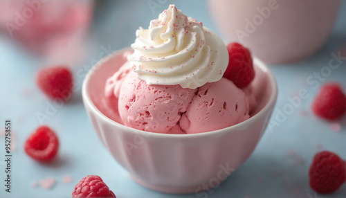 Close-up of a bowl of ice cream. The ice cream is topped with a generous dollop of whipped cream.