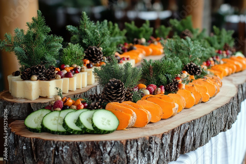 Festive platter with assorted vegetables and pinecone decorations. photo