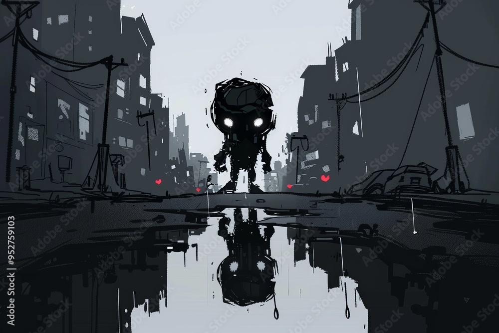 Fototapeta premium A dark, haunting urban scene featuring a mysterious figure amidst a desolate cityscape and reflections in puddles.