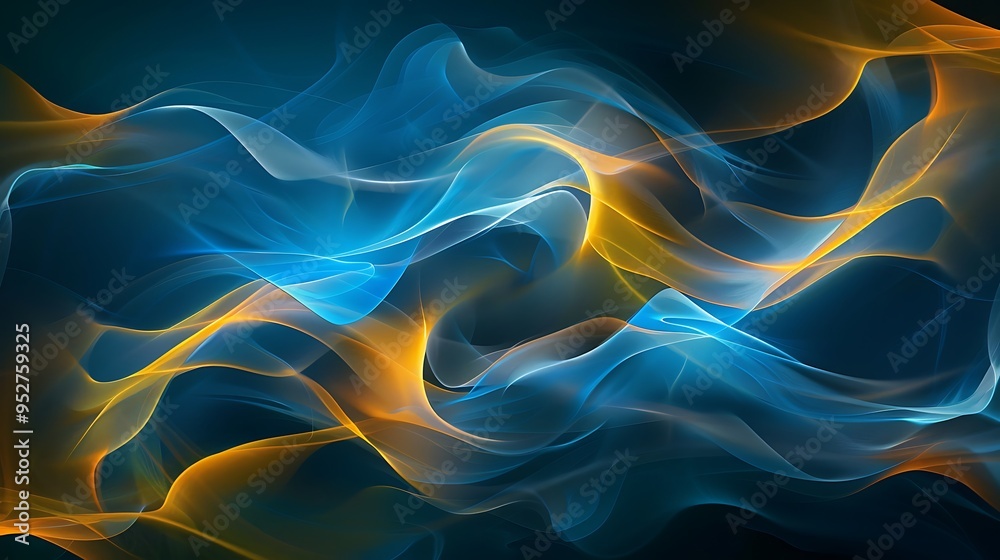 Fototapeta premium Abstract blue and yellow dynamic waves intertwining against a dark backdrop, creating a vivid and captivating visual effect