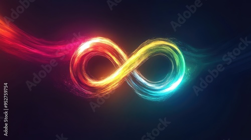 A radiant infinity symbol with multiple colors, glowing against a dark gradient background, representing endless energy.