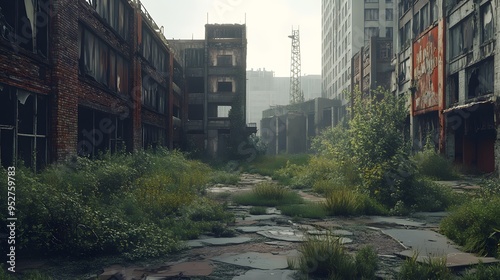 Post-apocalyptic urban landscape with vegetation reclaiming derelict buildings Gritty worn muted desaturated colors heavy textures detailed 3D architecture