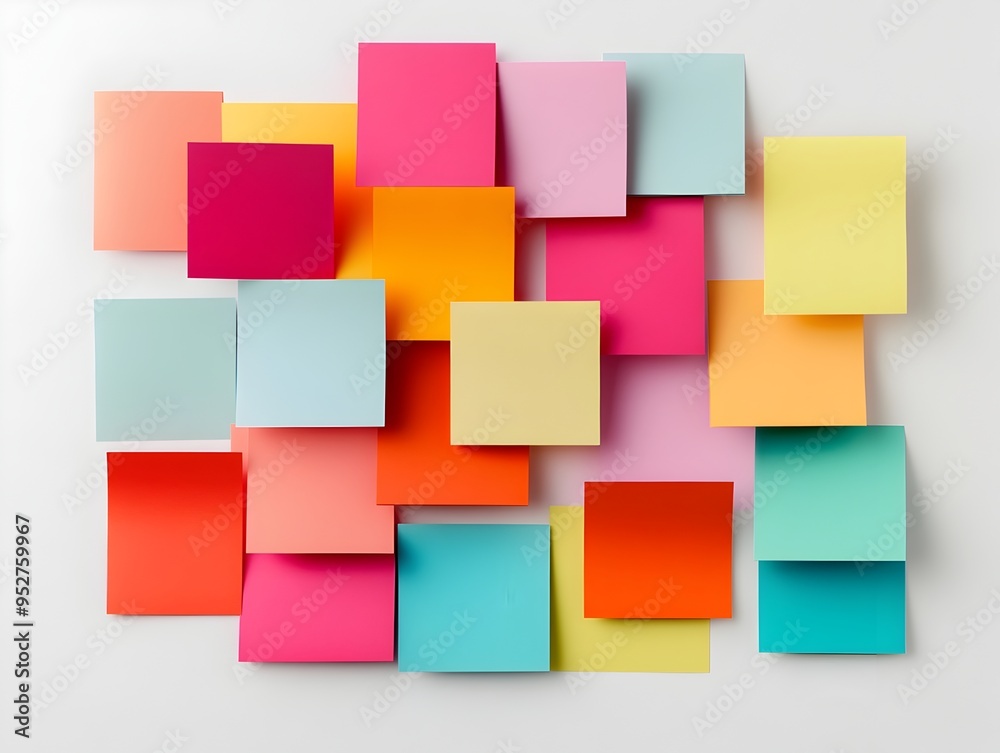 Vibrant Arrangement of Colorful Sticky Notes on Plain White Background