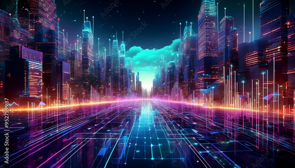 Futuristic Neon Cityscape with skyscrapers create a dynamic, high-tech metropolis atmosphere. Ideal for use in sci-fi themes, tech-related projects, or modern urban design concepts. Futuristic Neon Cityscape with skyscrapers create a dynamic, high-tech metropolis atmosphere. Ideal for use in sci-fi themes, tech-related projects, or modern urban design concepts.