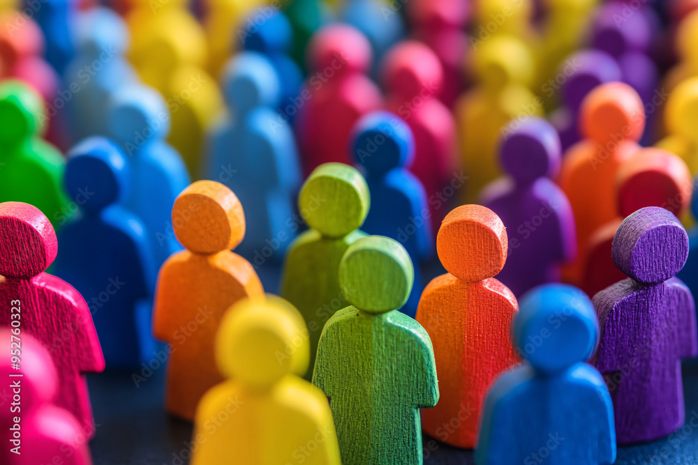 A diverse crowd of colorful wooden figures represents inclusivity and community, arranged closely together in a vibrant display A diverse crowd of colorful wooden figures represents inclusivity and community, arranged closely together in a vibrant display