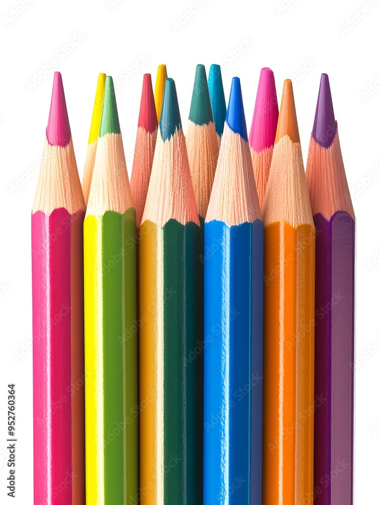 Vibrant Colored Pencils Arranged in Symmetrical Pattern on White Background Vibrant Colored Pencils Arranged in Symmetrical Pattern on White Background