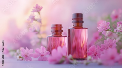 Elegant essential oil bottles surrounded by pink blossoms in spring