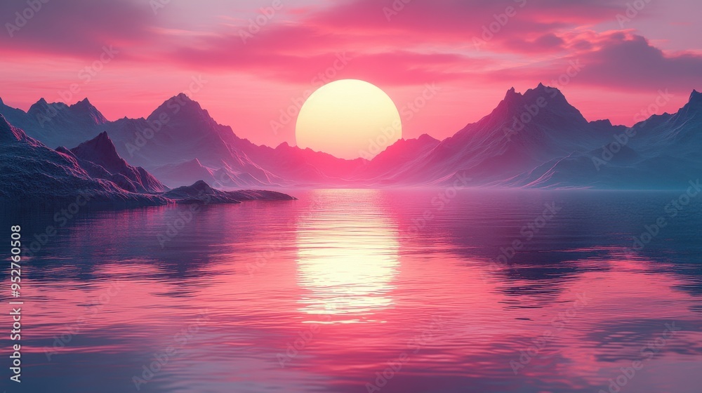 Surreal violet sunset landscape with reflection in water, minimalist geometric background, futuristic aesthetic 3D render wallpaper. Surreal violet sunset landscape with reflection in water, minimalist geometric background, futuristic aesthetic 3D render wallpaper.