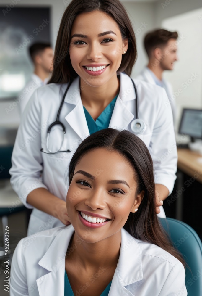 A diverse group of smiling doctors, including two women and a man, stand together in a hospital, showcasing teamwork and a positive work environment.
