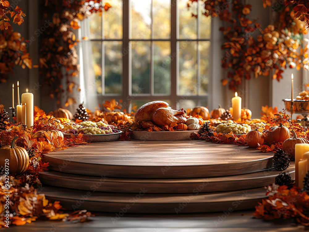 Central empty 3D podium surrounded by a cozy fall setting with a Thanksgiving dinner table featuring turkey, mashed potatoes, and pumpkin pie. Autumn leaves and candles enhance the warm atmosphere. Central empty 3D podium surrounded by a cozy fall setting with a Thanksgiving dinner table featuring turkey, mashed potatoes, and pumpkin pie. Autumn leaves and candles enhance the warm atmosphere.