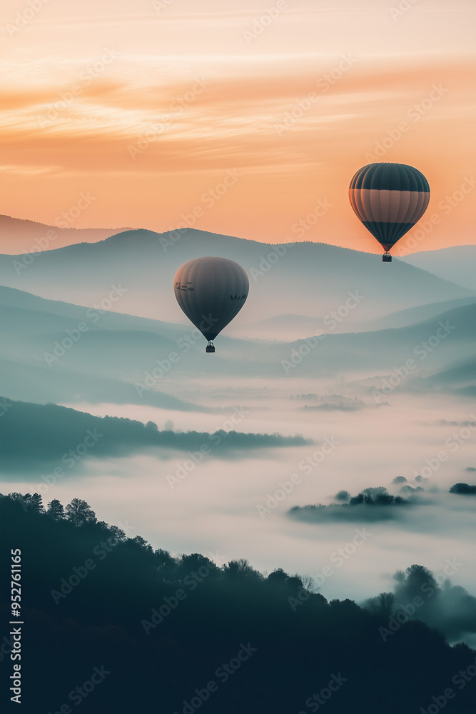 Fototapeta premium Serene Sunrise with Hot Air Balloons. Two hot air balloons floating over misty mountains at sunrise, suitable for travel and adventure themes.