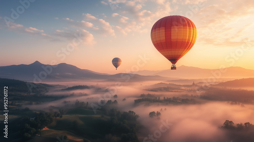 Aerial Sunrise Hot Air Balloon Adventure. Aerial view of hot air balloons over foggy landscape at sunrise, ideal for travel and adventure themes.