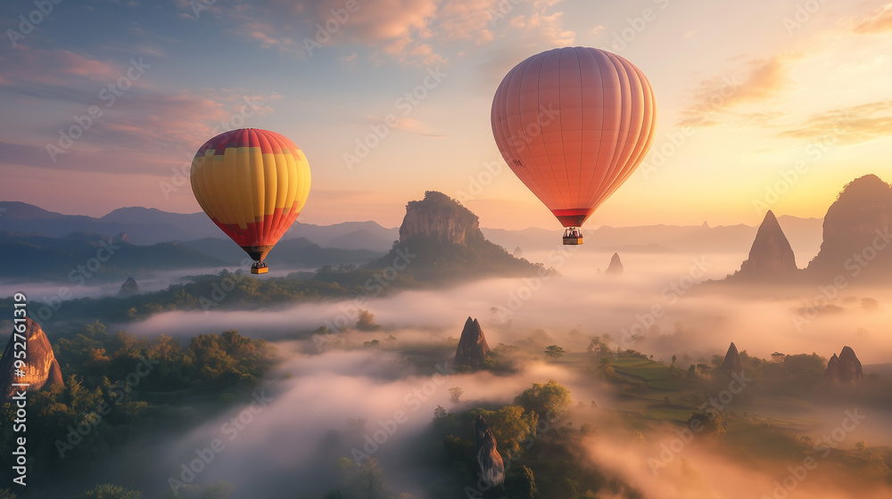 Naklejka premium Aerial View Majestic Sunrise with Hot Air Balloons. Hot air balloons floating over misty mountainous landscape at sunrise, ideal for travel and adventure themes.