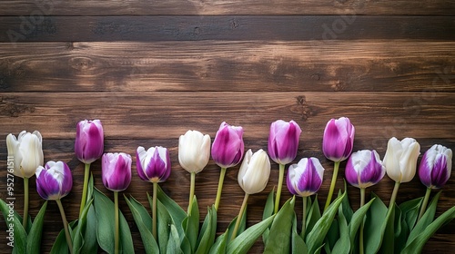 Border of tulips, muscaries on wood. photo