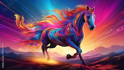 A horse with an abstract and colorful body runs with its mane and tail swinging against the backdrop of the desert and sky.