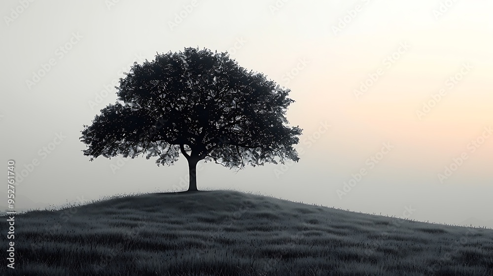 Fototapeta premium A lone tree stands tall on a grassy hill, silhouetted against a misty sunrise.