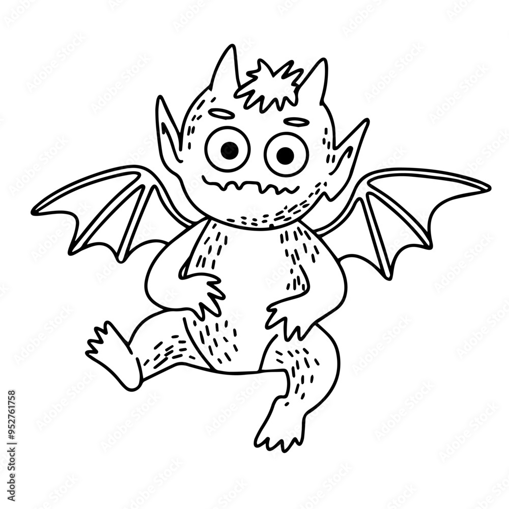 Vector image. Drawing of a cartoon monster with wings. Halloween. Coloring page, doodles Vector image. Drawing of a cartoon monster with wings. Halloween. Coloring page, doodles