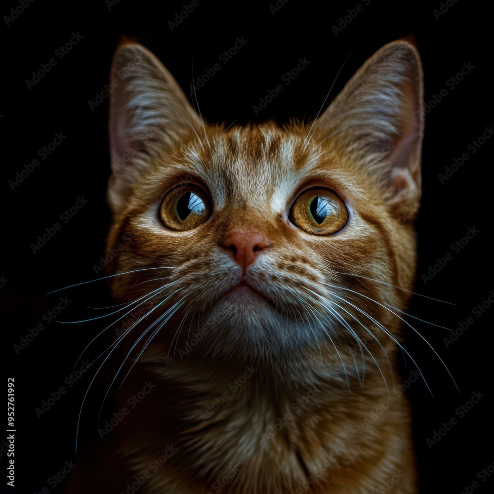 Close-up of an alert ginger cat with striking green eyes in low light Close-up of an alert ginger cat with striking green eyes in low light