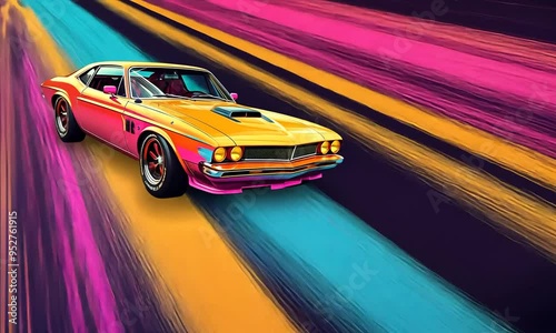 Classic Muscle Car Speeding Through a  Vibrant Abstract World