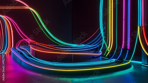 An innovative art installation featuring vibrant neon lights in a creative abstract design, creating a visually striking and modern art piece. photo