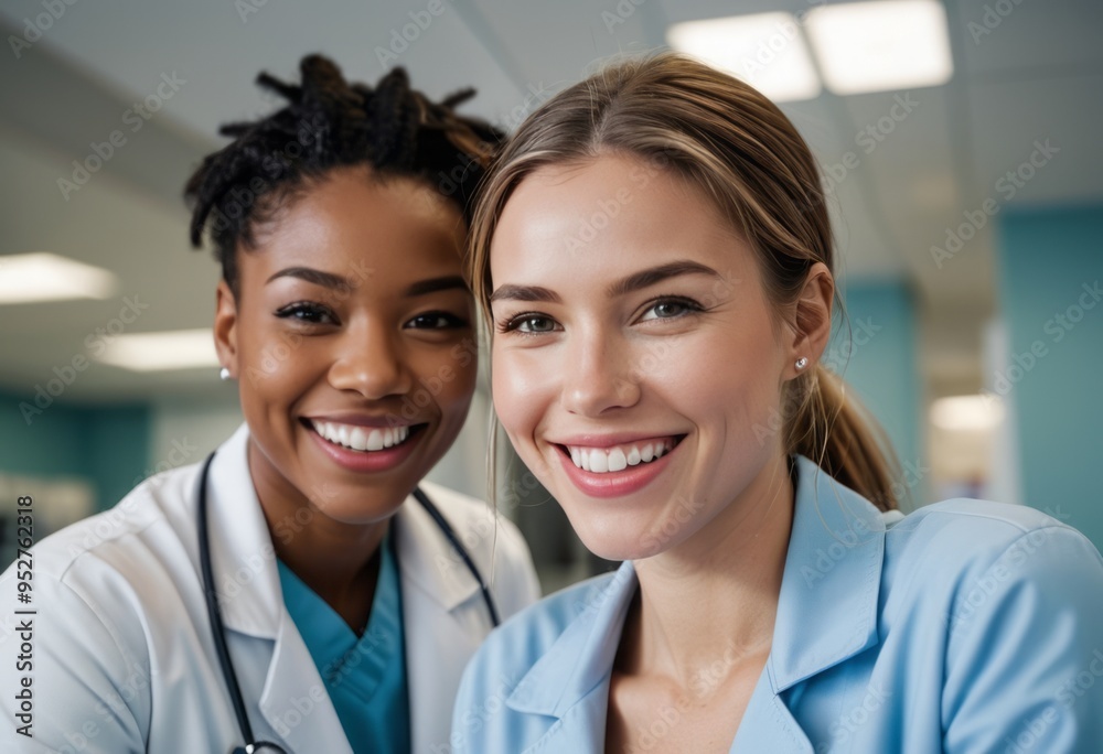 Two female healthcare professionals smile warmly in a hospital setting, highlighting teamwork and a positive work environment. Two female healthcare professionals smile warmly in a hospital setting, highlighting teamwork and a positive work environment.