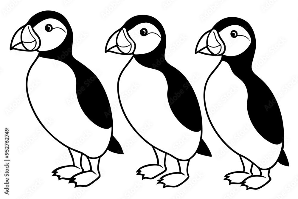 Fototapeta premium Four Puffins Linear Vector Art on White Background