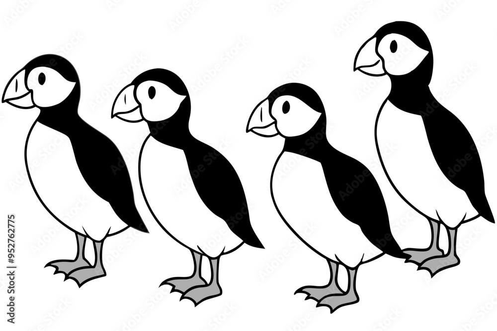 Four Puffins Linear Vector Art on White Background Four Puffins Linear Vector Art on White Background