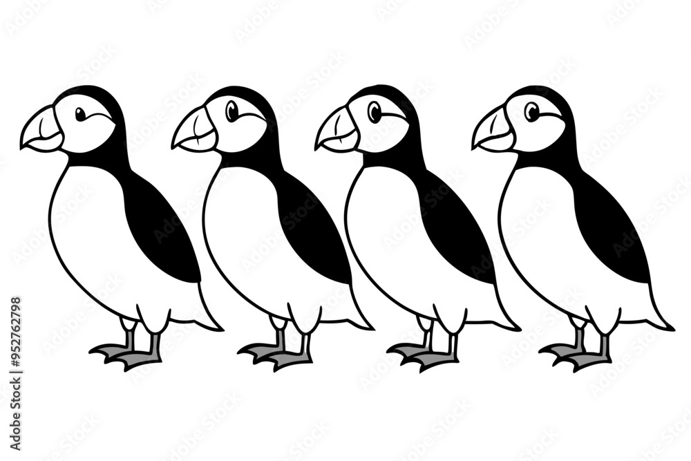 Fototapeta premium Four Puffins Linear Vector Art on White Background