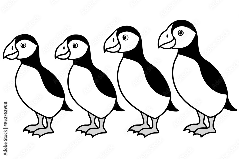 Fototapeta premium Four Puffins Linear Vector Art on White Background