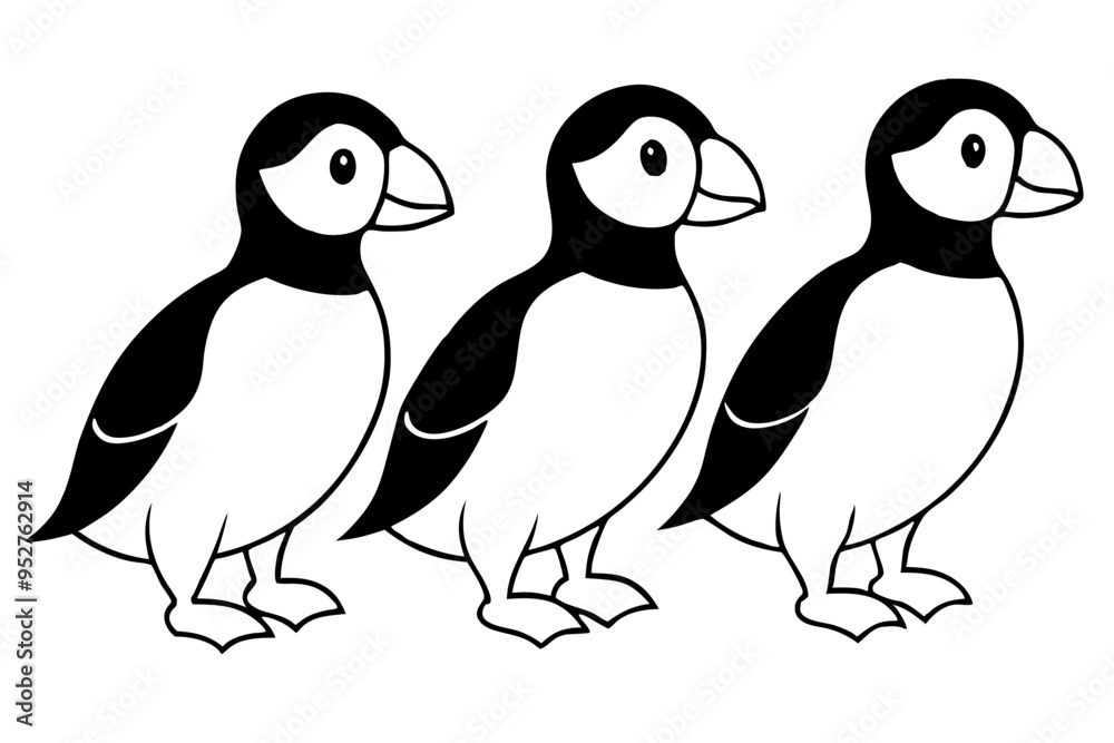 Naklejka premium Four Puffins Linear Vector Art on White Background