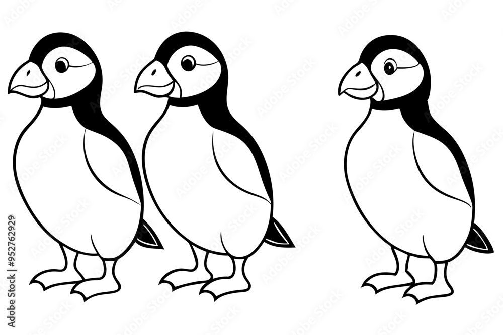 Fototapeta premium Four Puffins Linear Vector Art on White Background