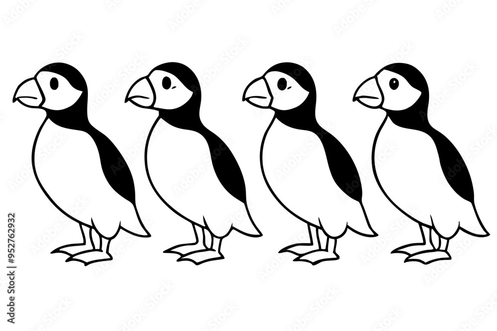 Four Puffins Linear Vector Art on White Background Four Puffins Linear Vector Art on White Background