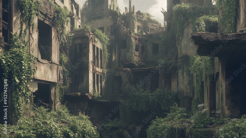 Urban ruins in a post-apocalyptic setting with vegetation overtaking abandoned buildings Gritty worn muted desaturated colors heavy textures detailed 3D architecture Urban ruins in a post-apocalyptic setting with vegetation overtaking abandoned buildings Gritty worn muted desaturated colors heavy textures detailed 3D architecture