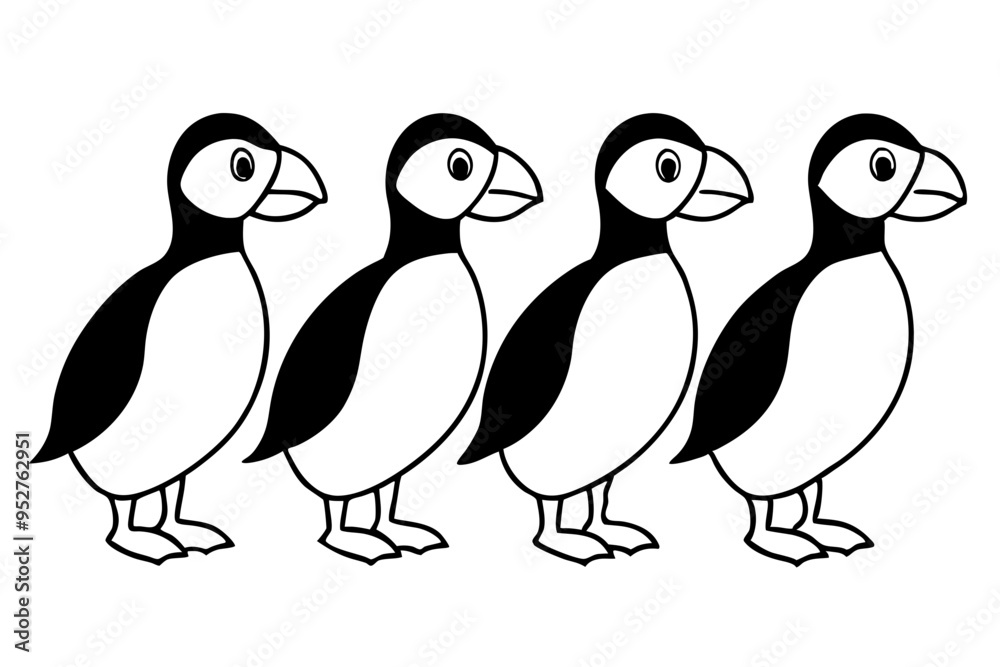 Naklejka premium Four Puffins Linear Vector Art on White Background