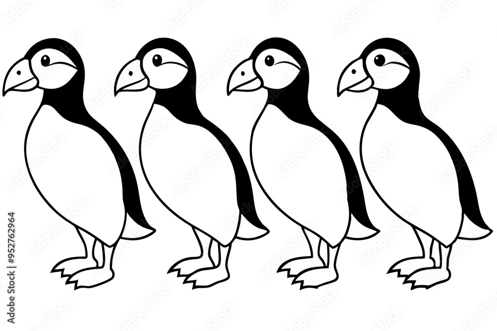 Fototapeta premium Four Puffins Linear Vector Art on White Background