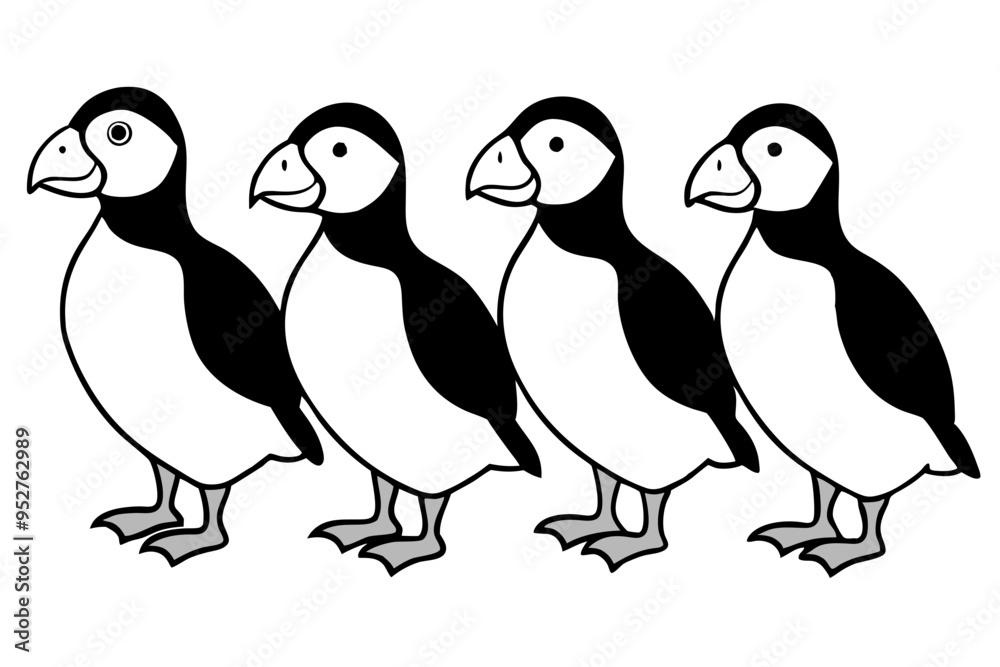 Fototapeta premium Four Puffins Linear Vector Art on White Background