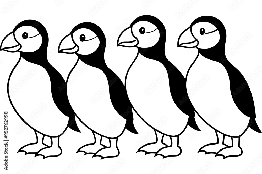 Fototapeta premium Four Puffins Linear Vector Art on White Background