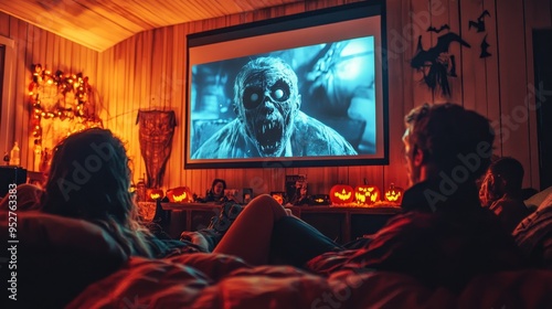 Spooky Movie Night: Guests Delight in Halloween Horror Films on Big Screen in Festively Decorated Living Room