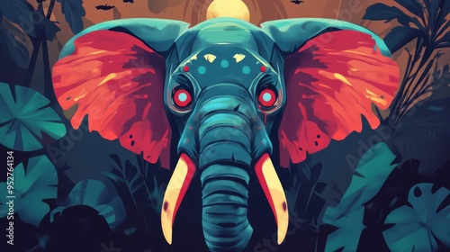 Vibrant abstract illustration of an elephant with colorful patterns in a jungle setting illuminated by the sun.