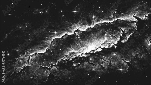 Deep space scene background in stippling style with amazing huge nebula and glowing stars cluster in universe. Retro styled dotwork. Pointillism. Noisy grainy shading using dots. Vector illustration