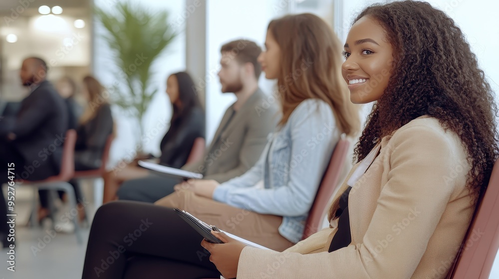Happy Diverse Candidates Waiting in Office Lobby Professional Attire Natural Lighting Smart Casual Business Happy Diverse Candidates Waiting in Office Lobby Professional Attire Natural Lighting Smart Casual Business