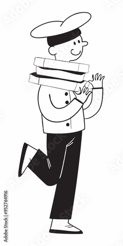 Chef Carrying Dishes: A culinary professional is balancing multiple plates of food in this stylized black and white graphic, embodying the art of gastronomy and kitchen service.
