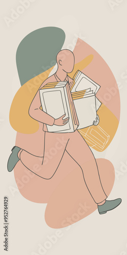 Deadline Dash: A digital artwork captures a figure rushing through an abstract space, clutching documents and books, symbolizing urgency and the pressure of deadlines. 