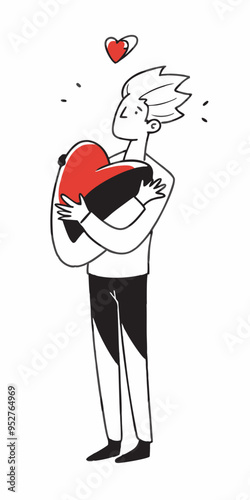 Affectionate Embrace: A charming illustrated character radiates affection, tenderly cradling a heart, with a second heart floating above. Illustrating love and self-acceptance.