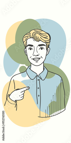 Smiling Man Pointing: A smiling man with blonde hair, wearing a blue shirt, points his finger to the right side of the frame,  against a modern abstract background of green, blue, and yellow.