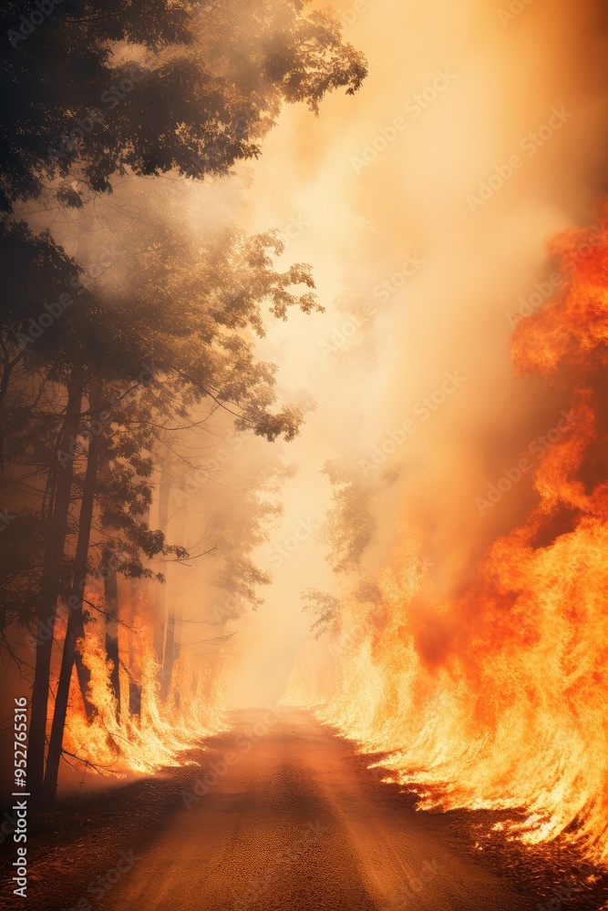 Fototapeta premium Experience the chaos of a conflagration, as flames leap and dance, creating a mesmerizing yet dangerous spectacle of destruction.
