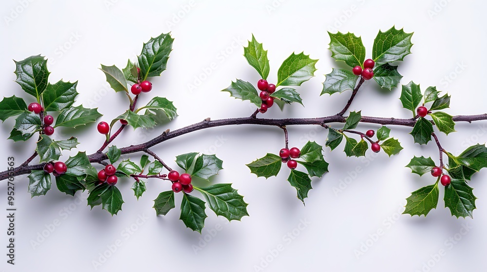 Fototapeta premium Sprig of holly with red berries on a white background.