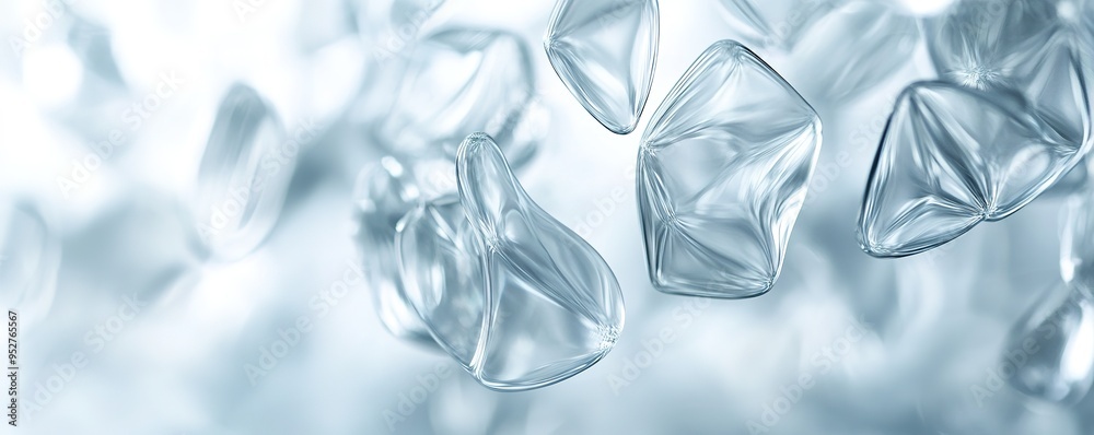 Floating crystal shapes in soft blue hues creating serene backdr Floating crystal shapes in soft blue hues creating serene backdr