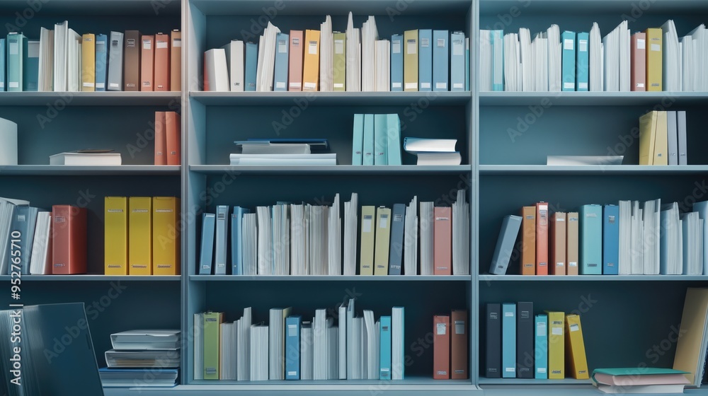 A well-organized bookshelf with a variety of colored binders and books A well-organized bookshelf with a variety of colored binders and books