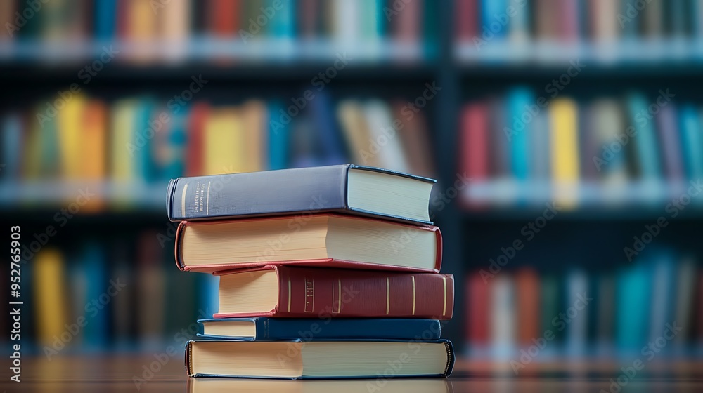 Stack of books in front of a bookshelf filled with books. Stack of books in front of a bookshelf filled with books.